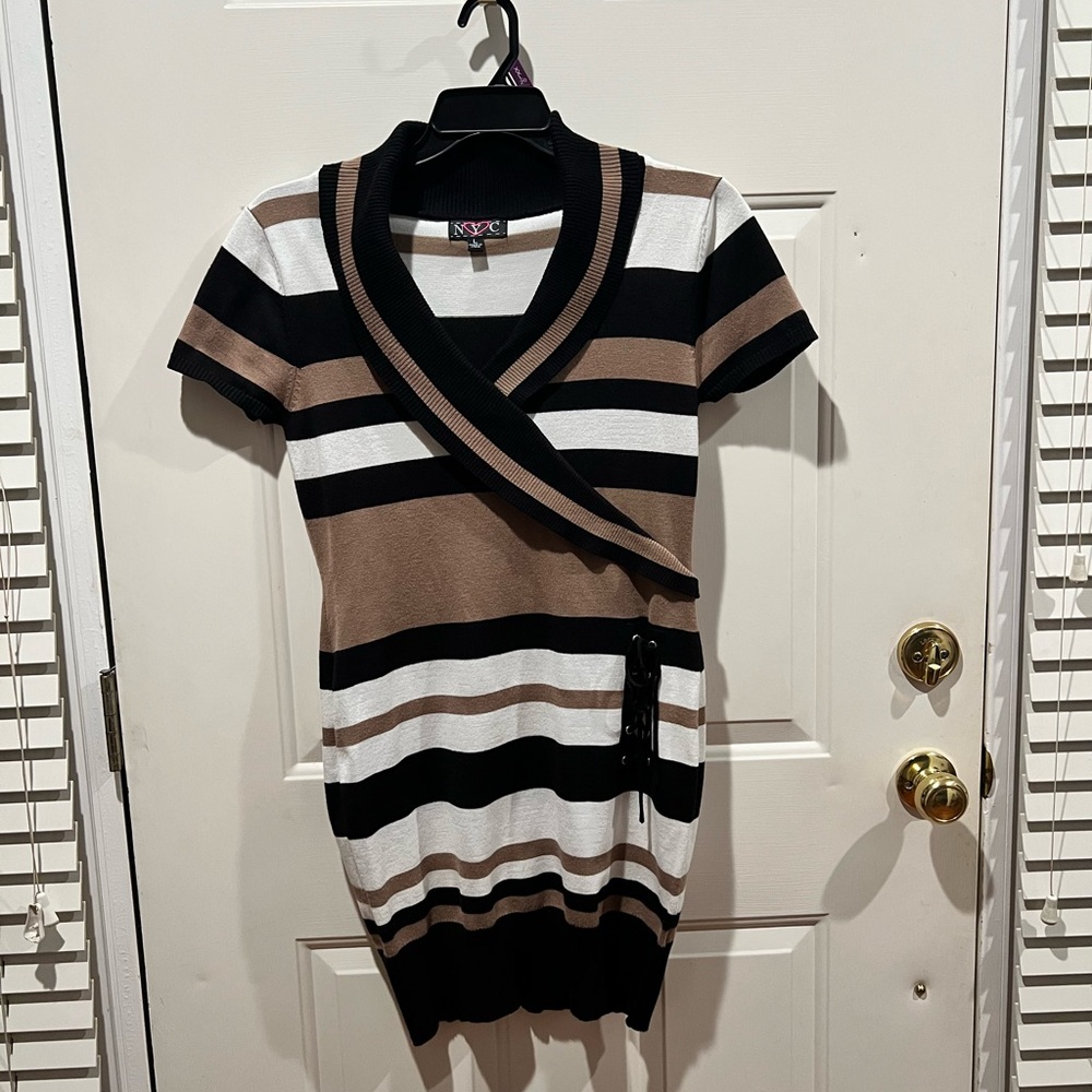 NYC Striped Mini Dress in Black, Brown, and White